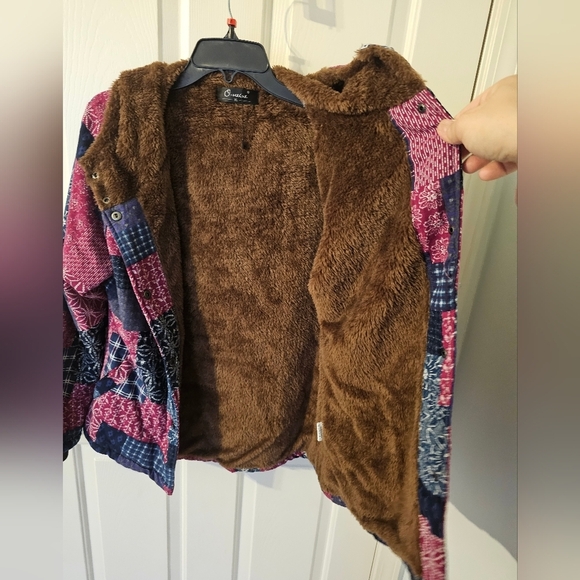 Faux Patchwork Cotton Linen Blend Faux Fur Lined Jacket Size XL - Picture 4 of 7